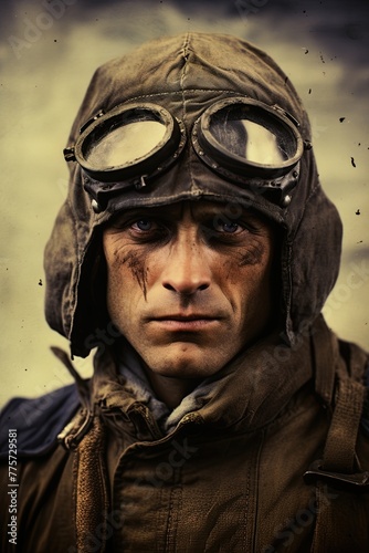 Fighter Pilot in world war 2 uniform. Portrait poster in style of vintage photography. Ai Generative © ArtmediaworX