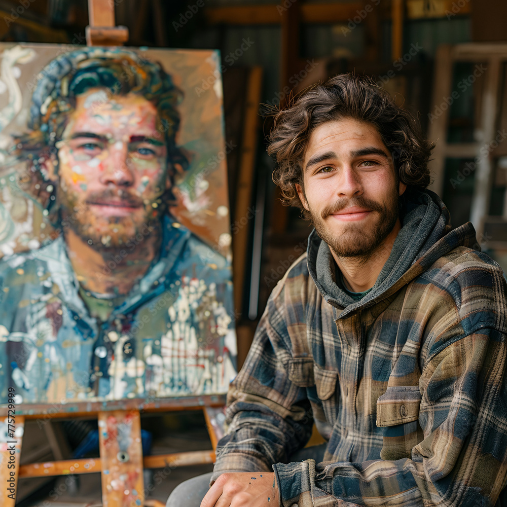 A smiling young male artist sitting next to his self-portrait on an easel.