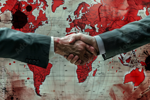 Bloody deal in global politics. Handshake of two men in business suits with red blood on hands against world map. Weapon trading agreements in business photo