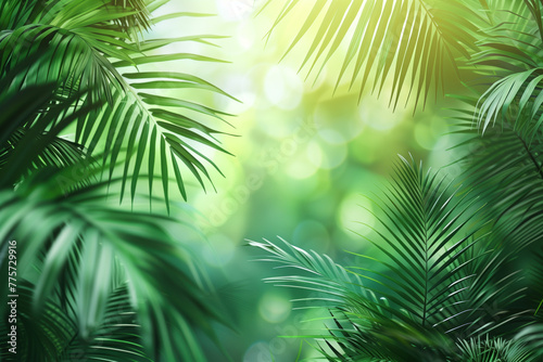 Palm tree leaves framing a tropical scenery. Slide background image. Created with Generative AI technology. © Artem