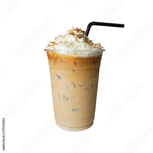 Iced coffee with whipping cream and caramel sauce on top of plastic glass and tube-sucking isolated white background, summer drink concept