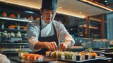 Professional Chef Arranging Sushi on a Board
