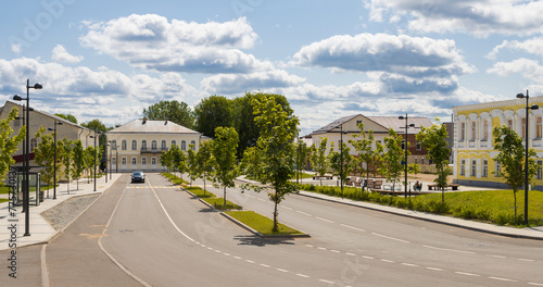 Fototapeta Naklejka Na Ścianę i Meble -  Valday town (Valdai), Novgorod region, Russia. The historical center of Valday. Well-maintained streets in a small Russian provincial town. Travel and tourism in Russia.