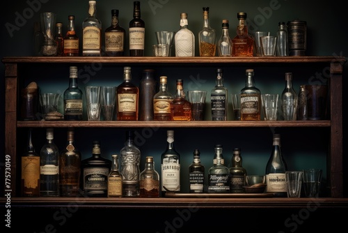 A collection of vintage drinks bottles and glasses neatly arranged on a shelf. Generative AI