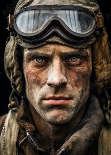 Fighter Pilot in world war 2 uniform. Portrait poster in style of vintage photography. Ai Generative