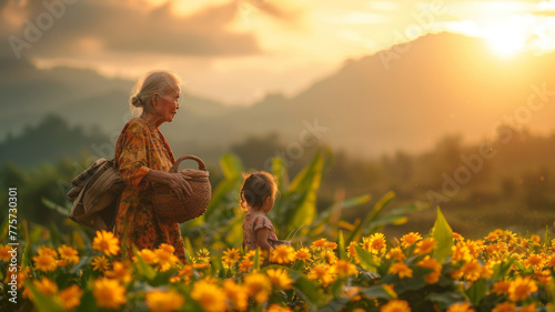 an old Asian woman carrying a basket is walking in the middle of the paddy field with a toddler girl.generative ai