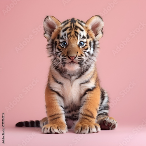 A baby tiger sitting on a pink background looking directly at the camera.