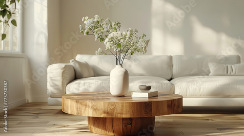 Modern interior design, white sofa with round wooden coffee table in living room, closeup of the side view. Scandinavian style home decor.