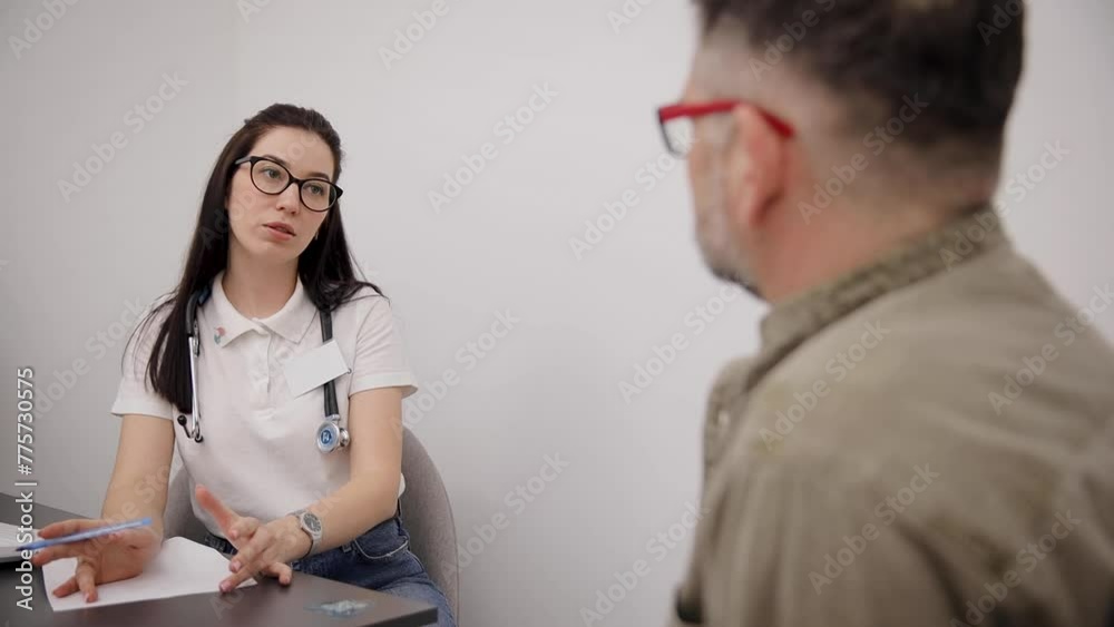 Beautiful female doctor talking while explaining medical treatment to patient in consultation. View from back of patient's shoulder Beautiful female doctor talking while explaining medical treatment to patient in consultation. View from back of patient's shoulder
