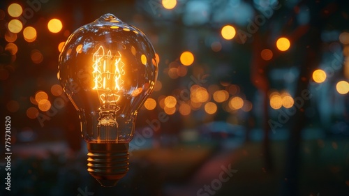 Vintage filament bulb glowing against a twilight urban backdrop