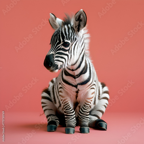 A baby zebra sitting on a pink background with a playful expression.
