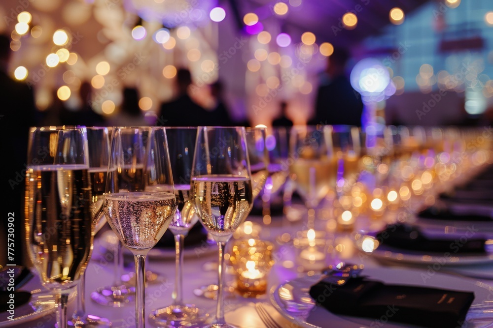 custom made wallpaper toronto digitalClose-up of sparkling champagne glasses on a table set for a sophisticated gala dinner with blurred background lights.