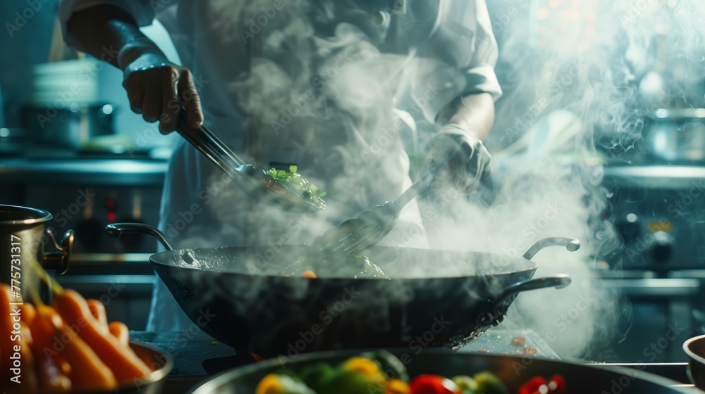 Chef Cooking with Steam Rising in Moody Kitchen. - obrazy, fototapety, plakaty 