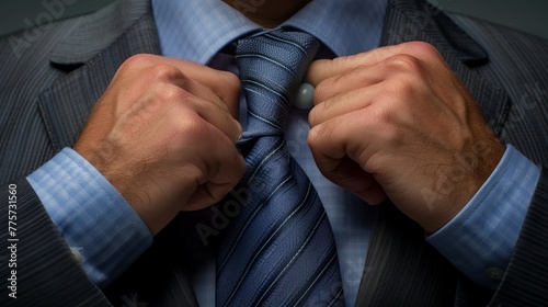 Man Adjusting Tie in Shirt Close-Up 