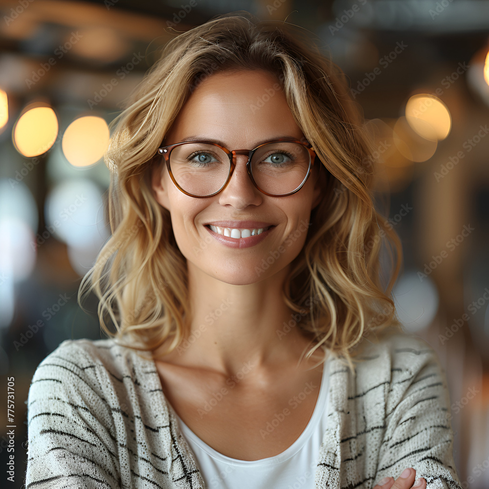 A smiling woman with glasses posing indoors, with soft lighting and a blurred background. A smiling woman with glasses posing indoors, with soft lighting and a blurred background.