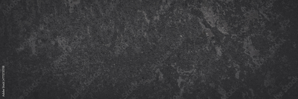 Texture of old concrete wall. Rough faded dark gray concrete surface with spots, cracks, noise and grain. Dark wide panoramic background for grunge style design. Shaded vintage texture with vignette. - obrazy, fototapety, plakaty 