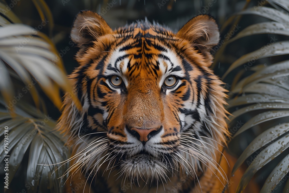Tiger Close Up Surrounded by Leaves