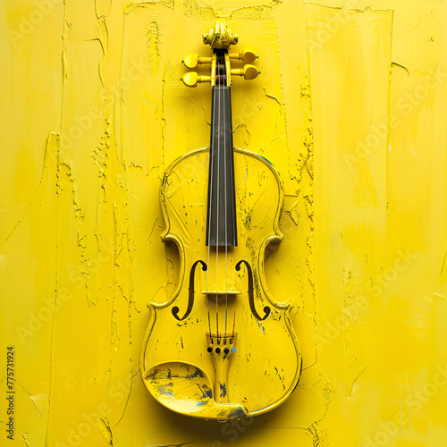 A violin painted yellow against a textured yellow background. photo
