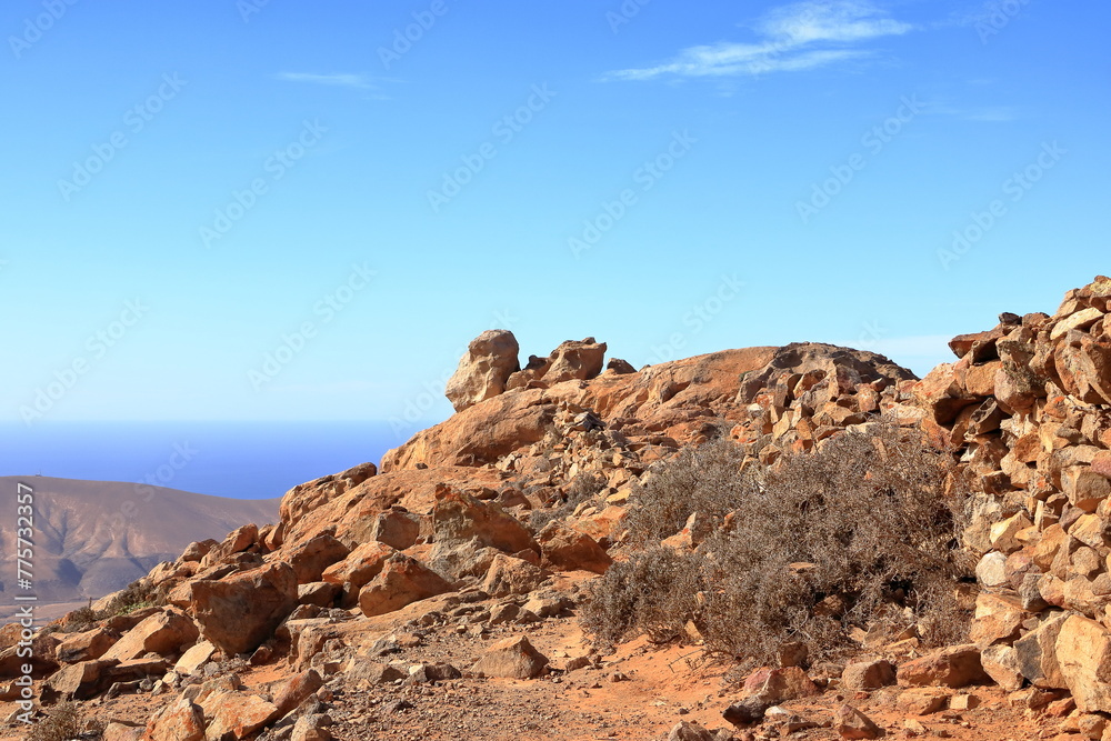 View of the landscape from the Mirador del Risco de Las Penas viewpoint on the island of Fuerteventura in the Canary Islands View of the landscape from the Mirador del Risco de Las Penas viewpoint on the island of Fuerteventura in the Canary Islands
