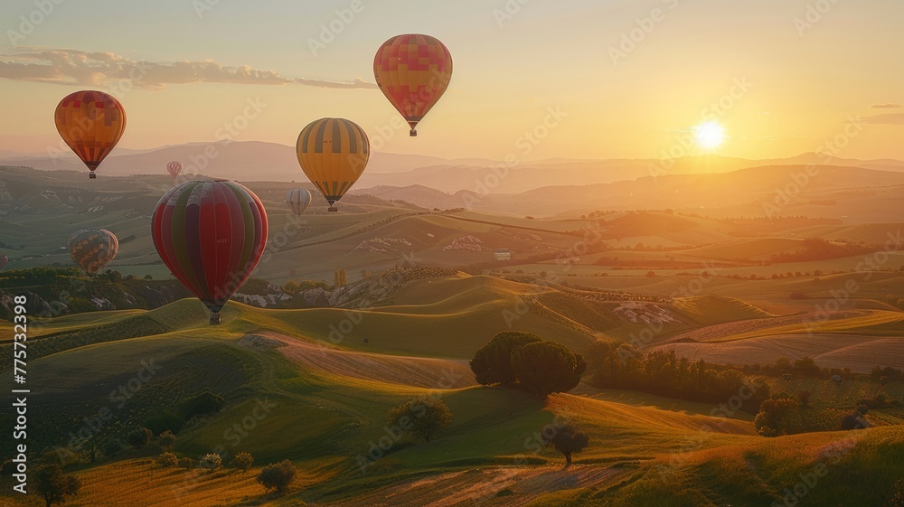 Golden sunrise over serene hills with hot air balloons