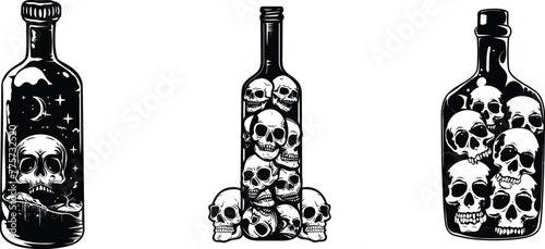  Bottle filled with skulls, vector illustration.