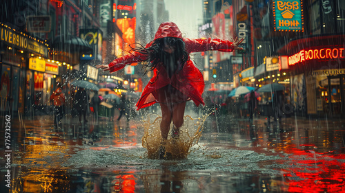 Young girl joyfully splashes in city puddle amid vibrant rain,generative ai © Suralai