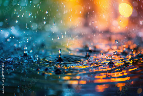 Bright colourful spectrum of reflections in a street puddle as rain drops bounce