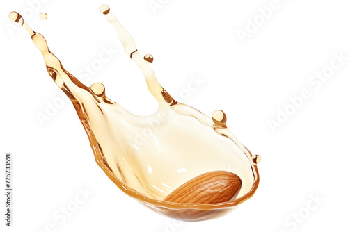 Levitation of almond nut in oil isolated on transparent background.