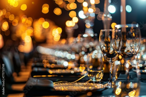 A close-up view of an elegant dinner table setting with clear wine glasses, cutlery, and a warm, bokeh light background creating a luxurious atmosphere.