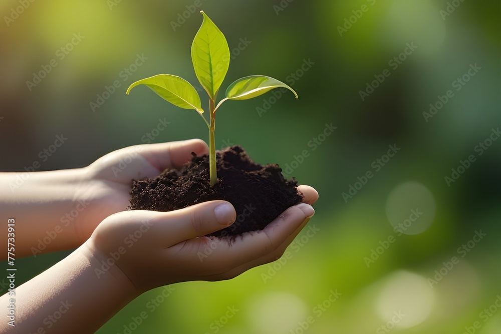 hand children holding young plant with sunlight on green nature background. concept eco earth day Generative AI hand children holding young plant with sunlight on green nature background. concept eco earth day Generative AI
