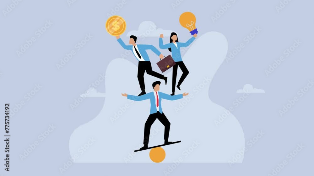 Business people balancing act holding money and light bulb Business people balancing act holding money and light bulb