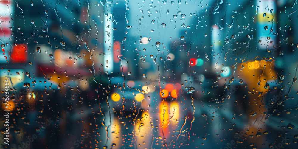 Fototapeta premium Rain drops on a window in a city metropolis with car bokeh lights, puddles on streets reflecting the bright neon lights