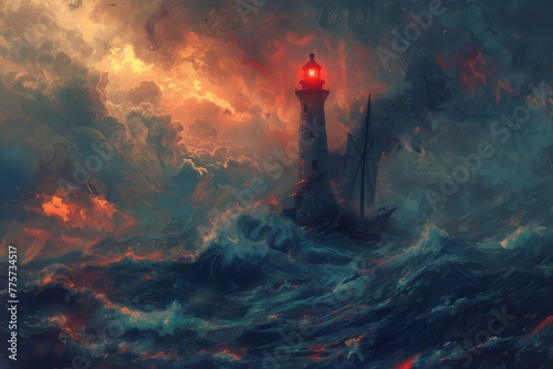 A lighthouse stands resolute amidst a stormy sea, its light a defiant blaze against the tempestuous waves and fiery sky, in an evocative painting.