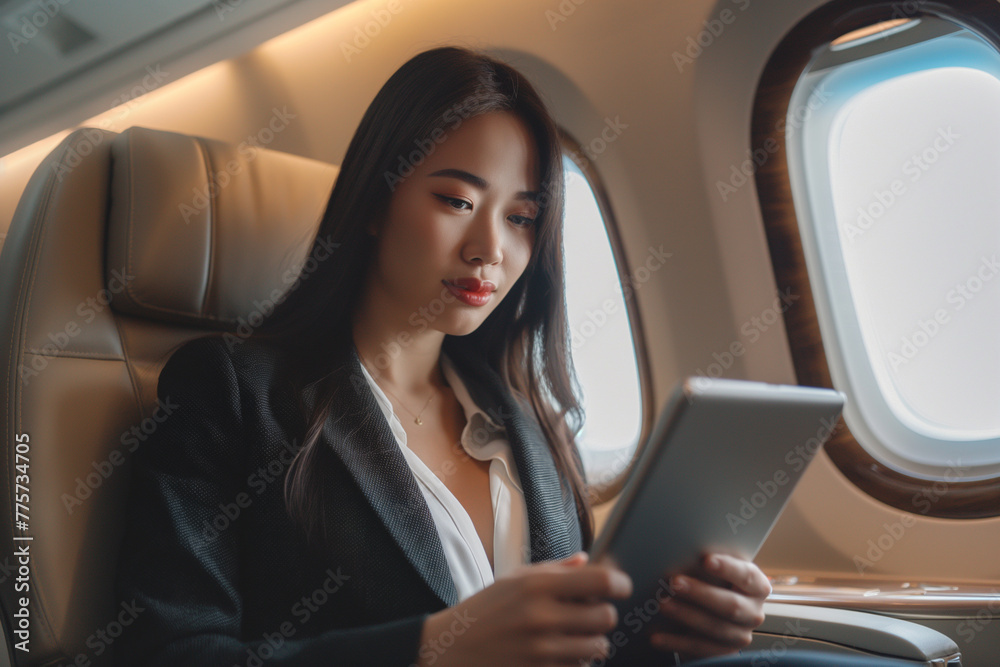 Successful beautiful young asian businesswoman sitting in a seat in cabin plane and works on digital tablet. Flying at first class.