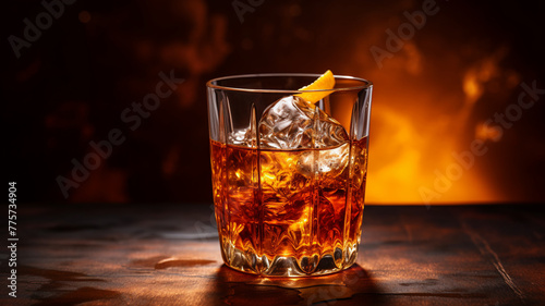 An Old Fashioned cocktail, classic and strong, sits on a dark wooden surface, its amber tones matching the fiery backdrop, garnished with a twist of orange.