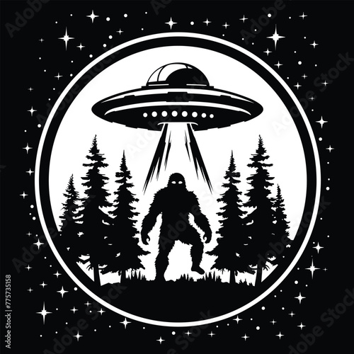 Bigfoot and UFO, funny t-shirt design, vector illustration,