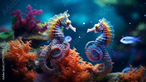 Dancing Seahorses  Graceful Marine Life in Vibrant Coral Reefs © Umail