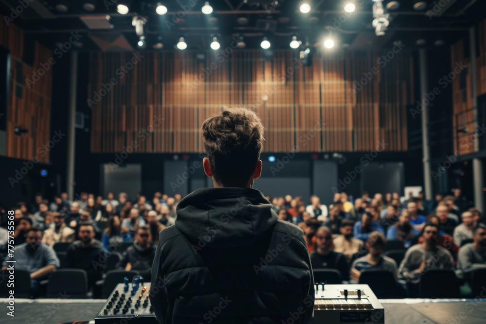 Back view of a sound technician managing the audio mixer in a crowded auditorium during a live performance or conference. Back view of a sound technician managing the audio mixer in a crowded auditorium during a live performance or conference.