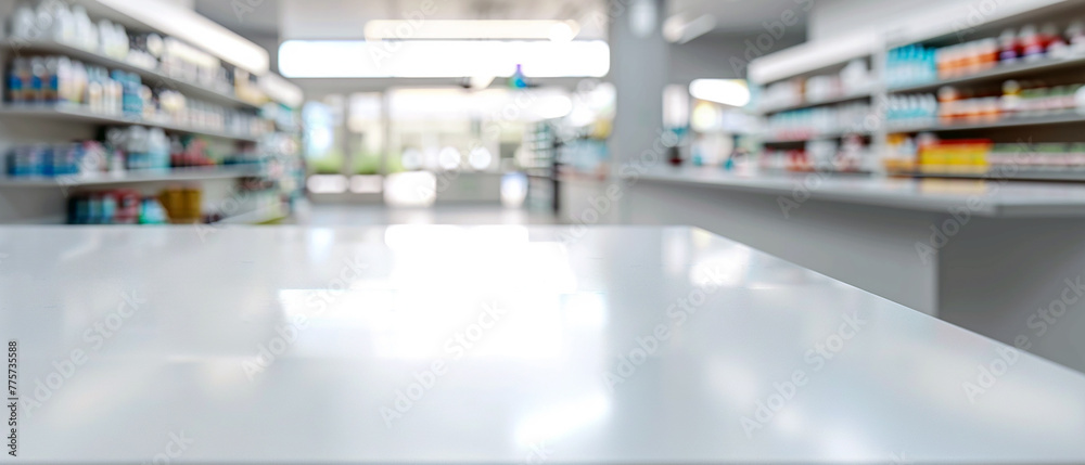 An empty white table inside a pharmacy. Sharp focus on the table. Blurred soft slightly bokeh background with bright white lights. 