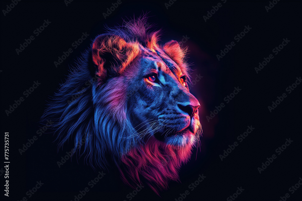multicolored profile of colorful face lioness on black isolated background