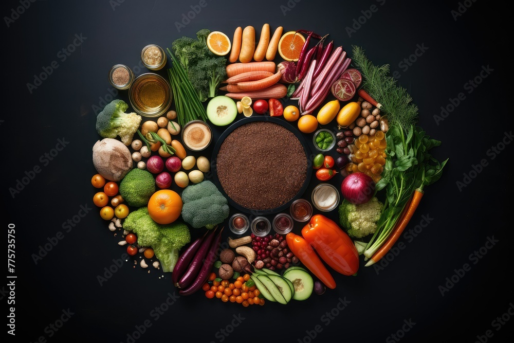 Various fruits and vegetables are arranged in a circular pattern on a black background. Generative AI