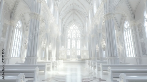 a white latex stone church adorned with inlaid transparent diamond cream  illuminated by the soft glow of membrane light  showcasing ornate intricate details.