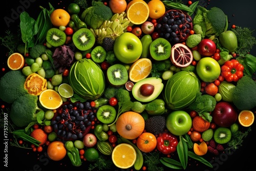 A variety of colorful and healthy fruits and vegetables spread out together. Generative AI © Jahan Mirovi