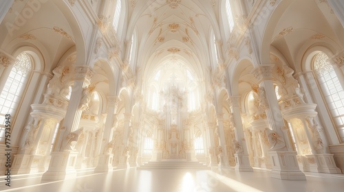 a white latex stone church adorned with inlaid transparent diamond cream, illuminated by the soft glow of membrane light, showcasing ornate intricate details.