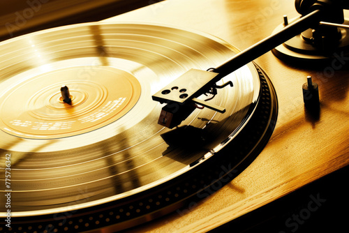 A vintage vinyl record playing on a turntable