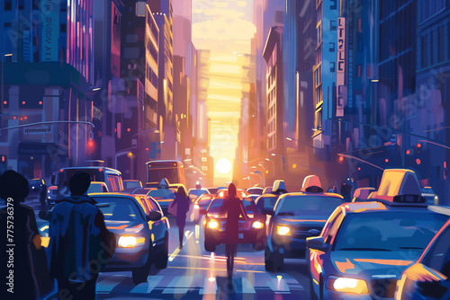 Illustration of bustling city streets at dawn, with the silhouette of commuters and vehicles blurred in motion against the rising sun