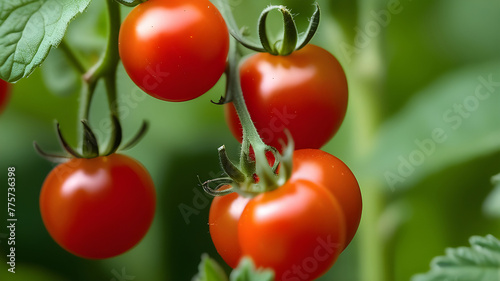 Ripe tomato plant growing in greenhouse. Tasty red heirloom tomatoes. Blurry background and copy space