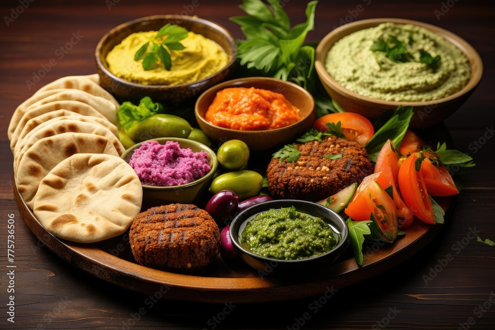 Various dishes representing the flavors of the Middle East spread out on a rustic wooden platter. Generative AI