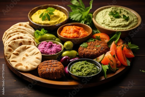 Various dishes representing the flavors of the Middle East spread out on a rustic wooden platter. Generative AI
