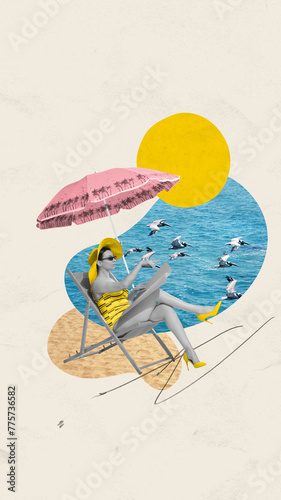 Contemporary art collage. Abstract artwork. Girl in swimsuit sits on sunbed under umbrella with birds on beach. Concept of summertime holidays, inspiration, travel, vacation, resort. photo